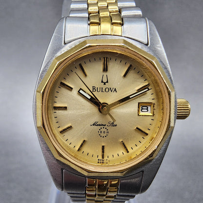 Bulova Marine Star Watch Women 24mm Gold Dial Two Tone Date Round New Battery1