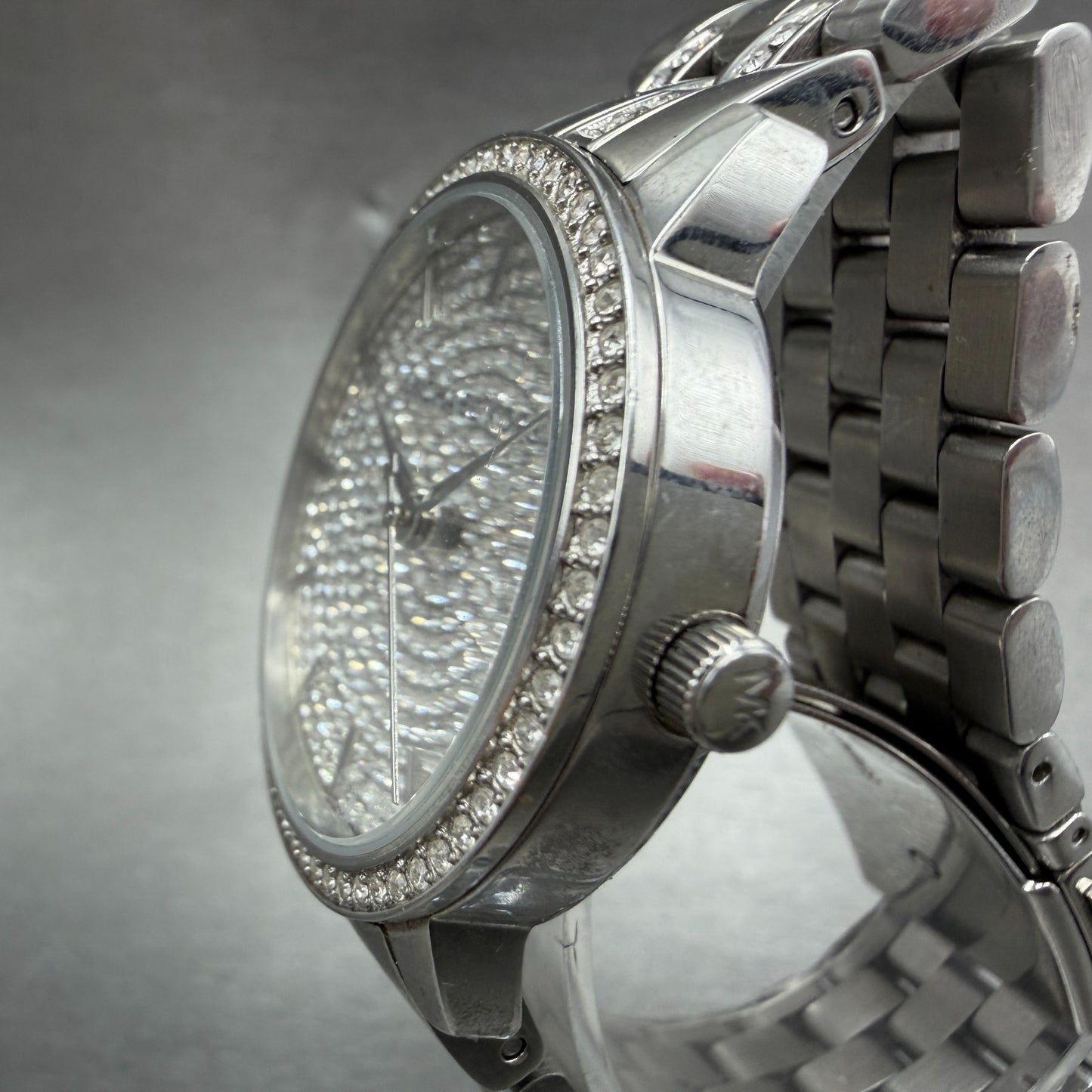 Michael Blake Watch Women 35mm Silver Dial Silver Tone Crystals MK3458 NewBatt2