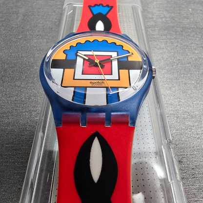 Swatch Paella Watch Men 34mm Orange Dial Blue Case GN129 New Battery NOS6