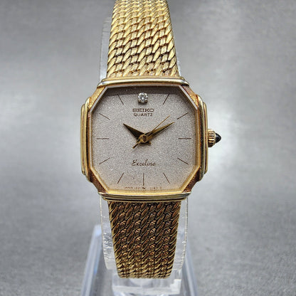 Seiko Exceline Watch Women 20mm Gray Dial Gold Tone 1221-5080 New Battery