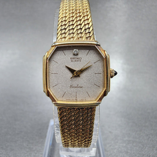 Seiko Exceline Watch Women 20mm Gray Dial Gold Tone 1221-5080 New Battery