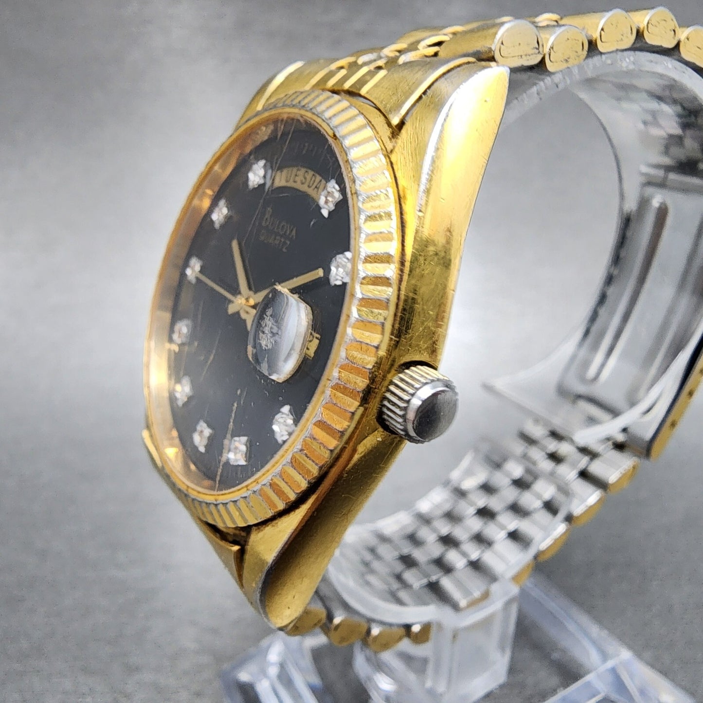 Bulova President Watch Men 36mm Black Dial Gold Tone Daydate 97D39 New Battery2