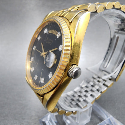 Bulova President Watch Men 36mm Black Dial Gold Tone Daydate 97D39 New Battery2