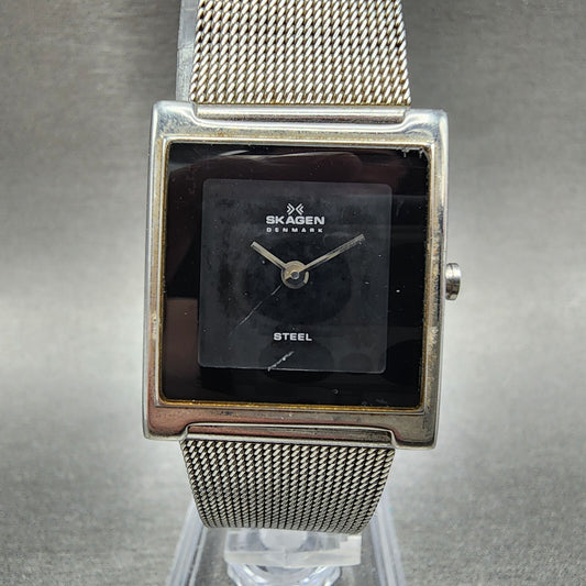 Skagen Tank Watch Women 23mm Black Dial Stainless Steel Rectangle New Battery