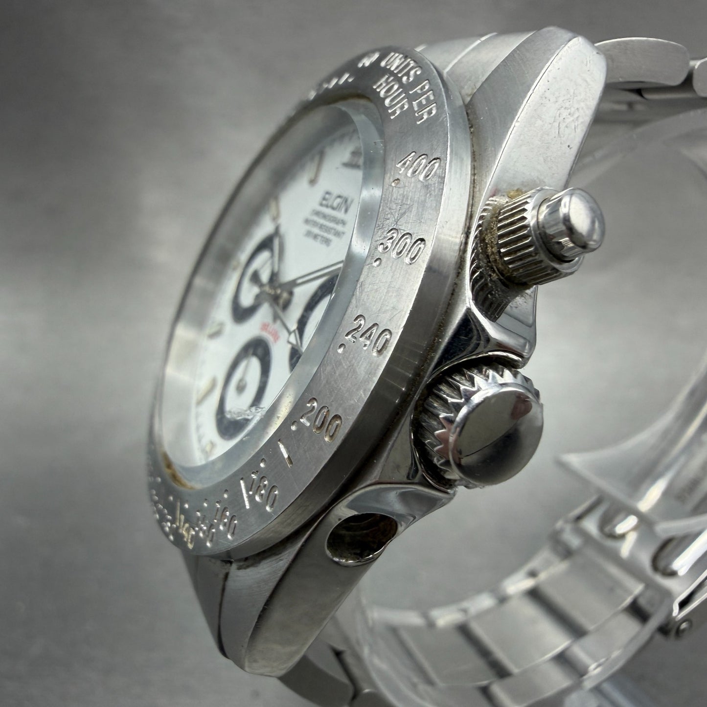 Elgin Chronograph Watch Men 39mm White Dial Silver Tone Round FK-1059 PARTS3