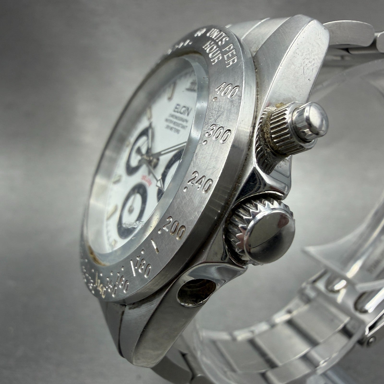 Elgin Chronograph Watch Men 39mm White Dial Silver Tone Round FK-1059 PARTS3