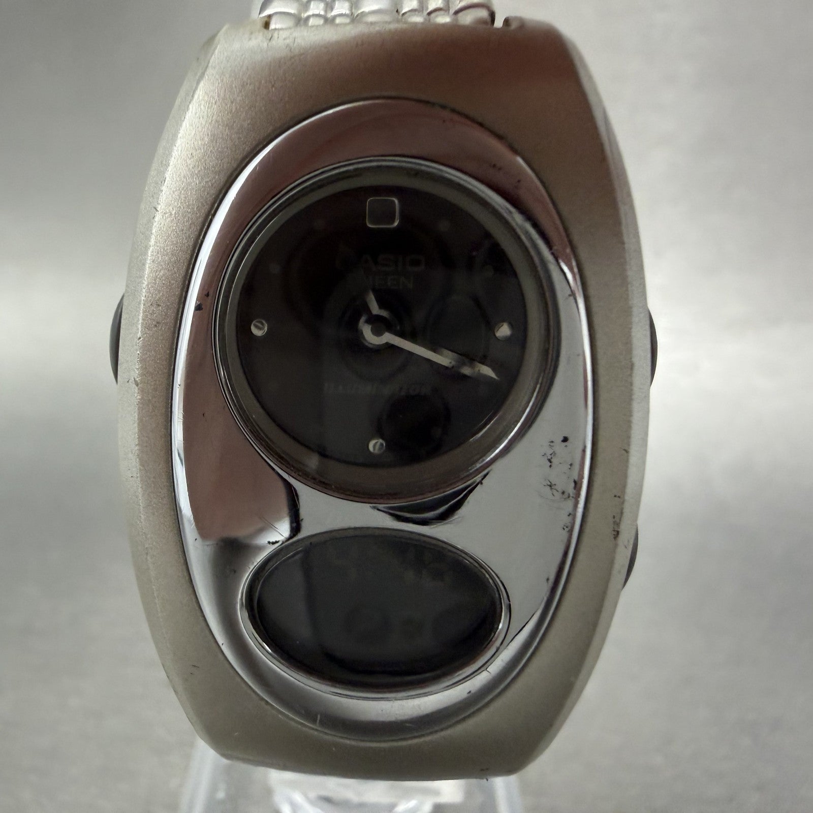 Casio Sheen Watch Women 27mm Analog Digital Silver Tone Alarm Chrono New Battery1