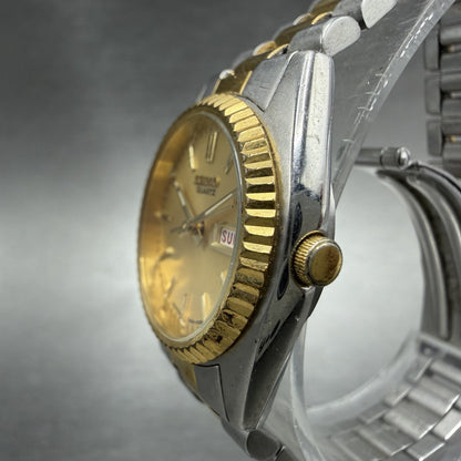 Seiko Watch Women 24mm Gold Dial Two Tone Daydate Round 7n83-0041 New Battery 592