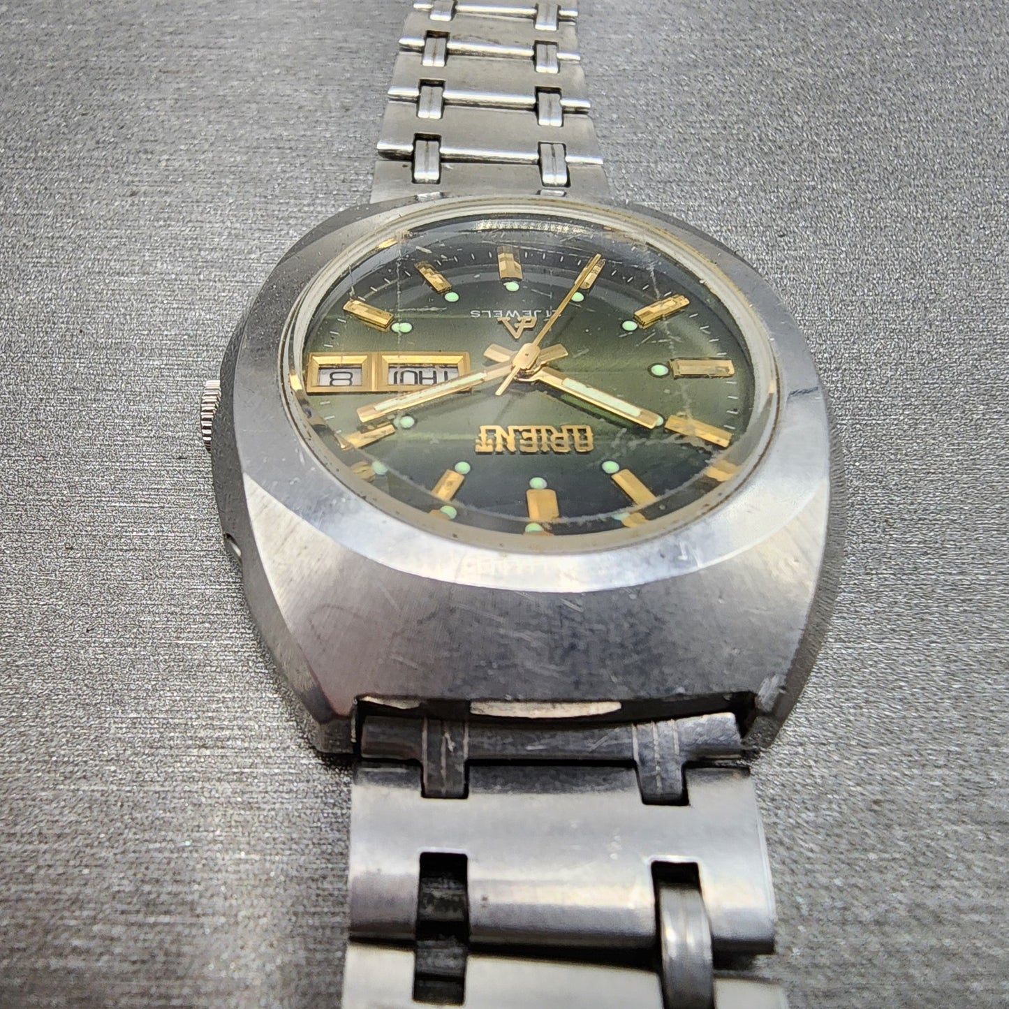 Orient Chrono Ace Watch Men 35mm Green Dial Steel Daydate G42926740 Runs4