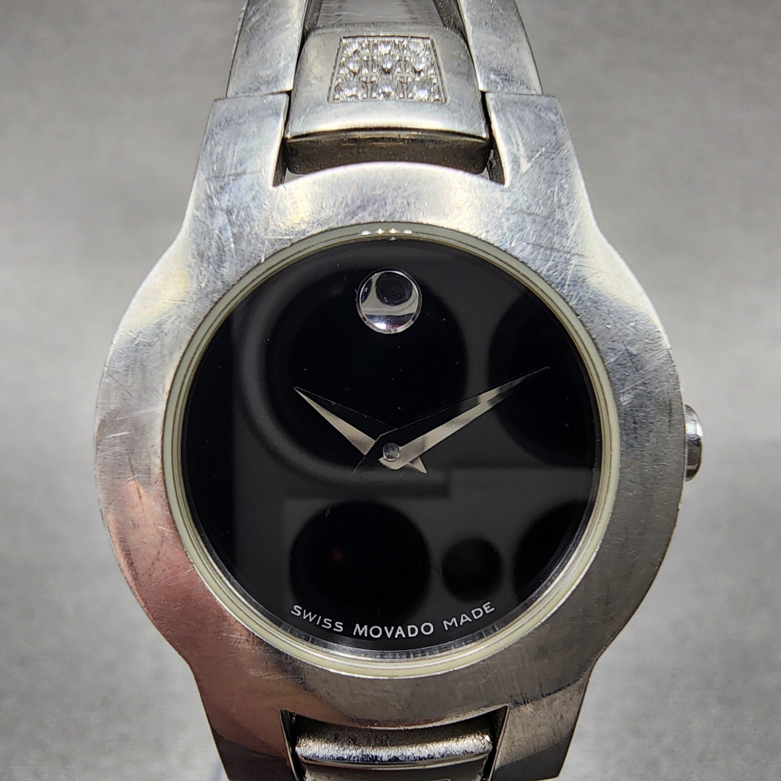 Movado Amorosa Watch Women 24mm Black Dial Steel Diamond Accents New Battery1