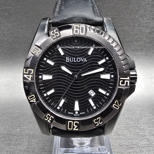 Bulova Dive Watch Men 43mm Black Dial Black Date Round 65B120 New Battery0