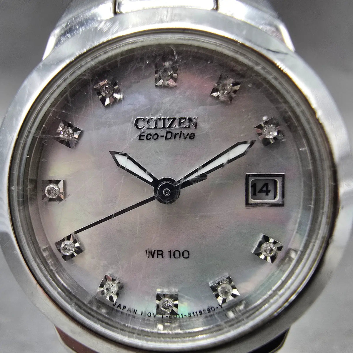 Citizen Eco-Drive Watch Women 26mm MOP Dial Steel Date Gems E011-S070074 Runs1