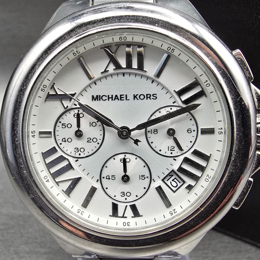Michael Kors Camille Watch Women 44mm Silver Dial Chrono Date MK5719 New Batt1