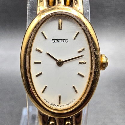Seiko Watch Women 17mm White Dial Gold Tone Oval V400-1019 New Battery Vintage1