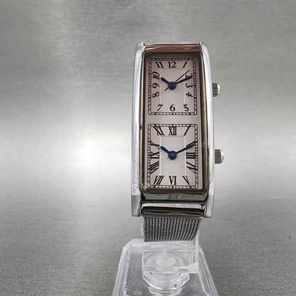 ANA Dual Time Tank Watch Women 19mm White Dial Steel Rectangle Mesh Band New Bat5