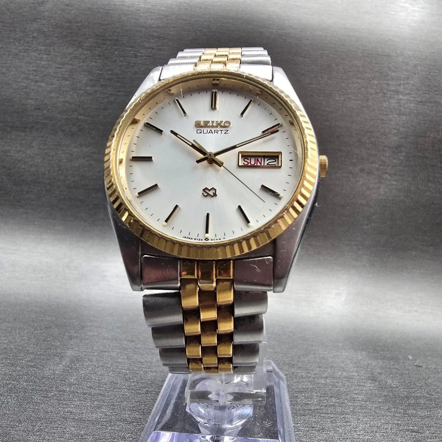 Seiko President Watch Men 35mm Silver Dial Two Tone Daydate 5Y23-8A68 New Batt5