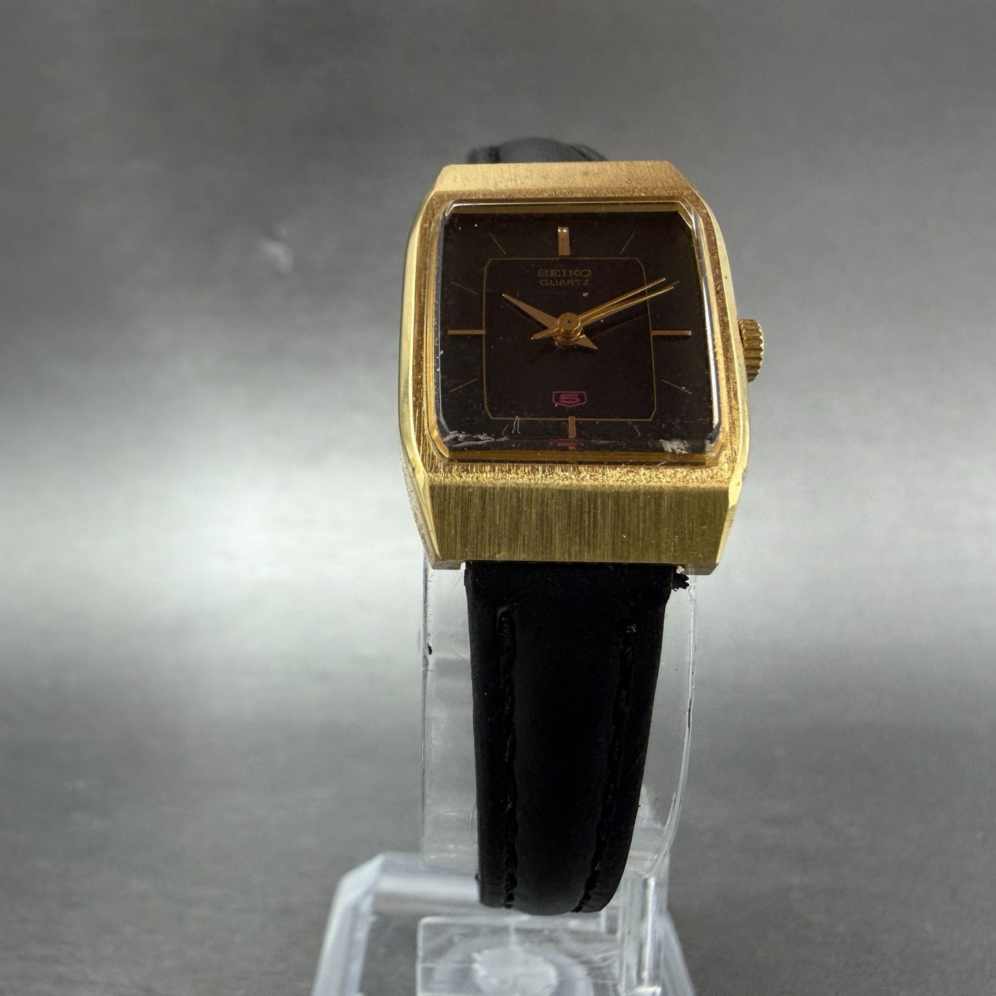 Seiko Tank Watch Women 18mm Black Dial Gold Tone Rectangle 2B21-5020 New Batt J75