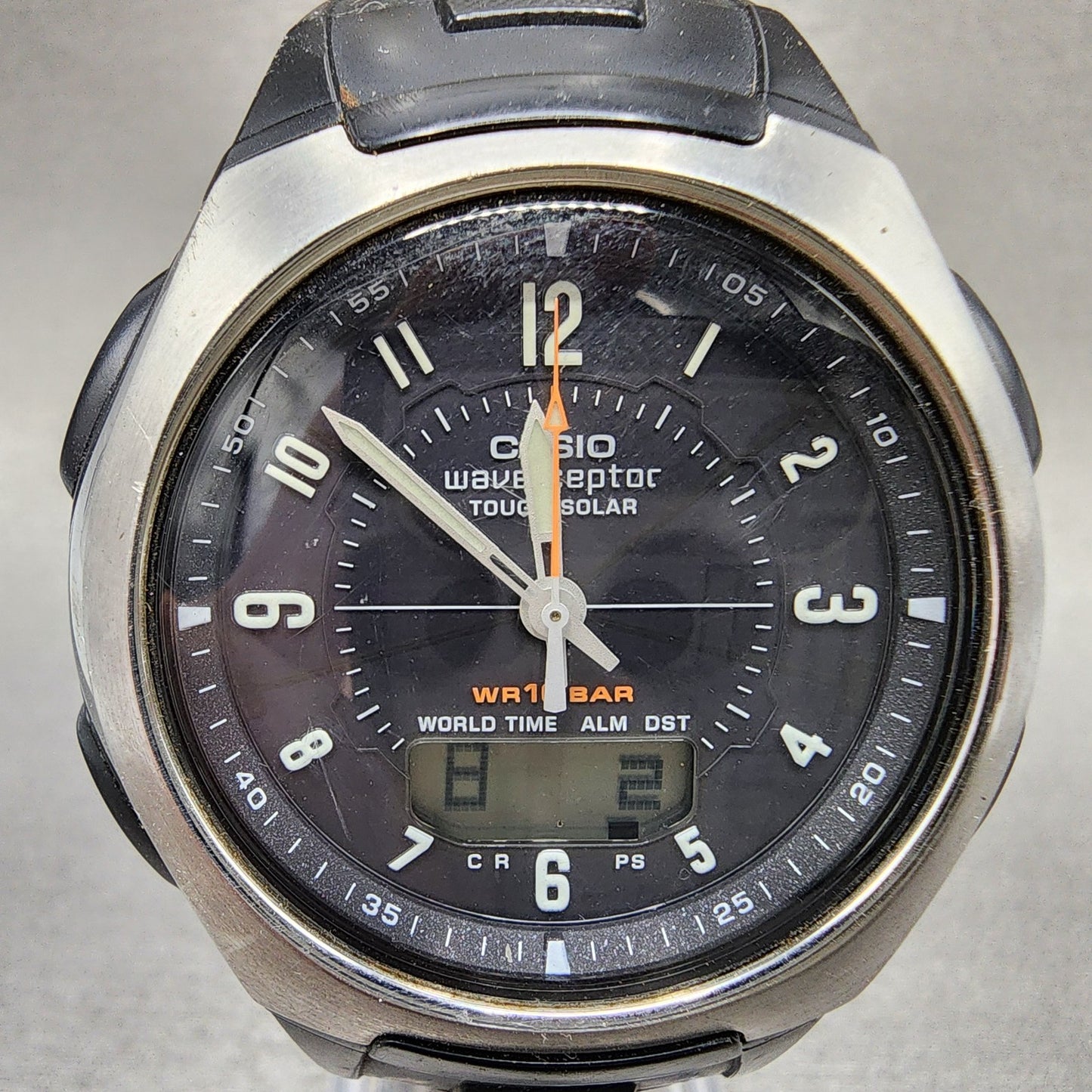 Casio Wave Ceptor Watch Men 43mm Black Dial Silver Tone Analog Digital  Solar B11
