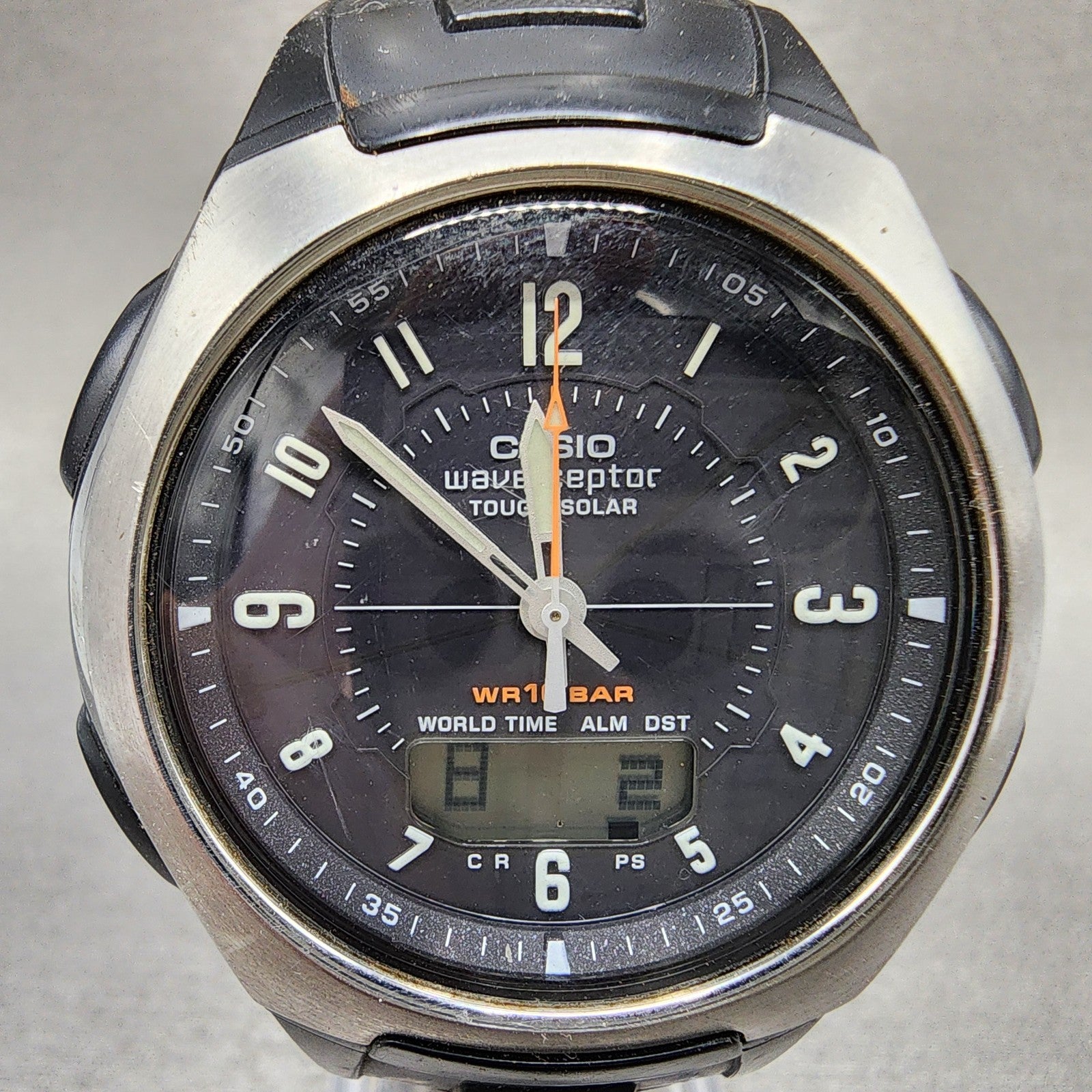 Casio Wave Ceptor Watch Men 43mm Black Dial Silver Tone Analog Digital  Solar B11