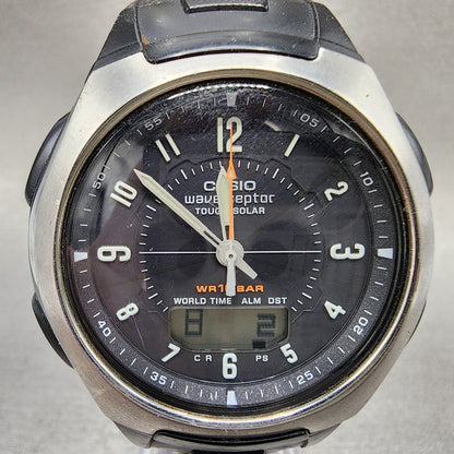 Casio Wave Ceptor Watch Men 43mm Black Dial Silver Tone Analog Digital  Solar B11