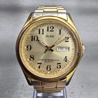 Seiko Alba Watch Men 35mm Champagne Dial Two Tone Daydate V733-7A70 New Battery0