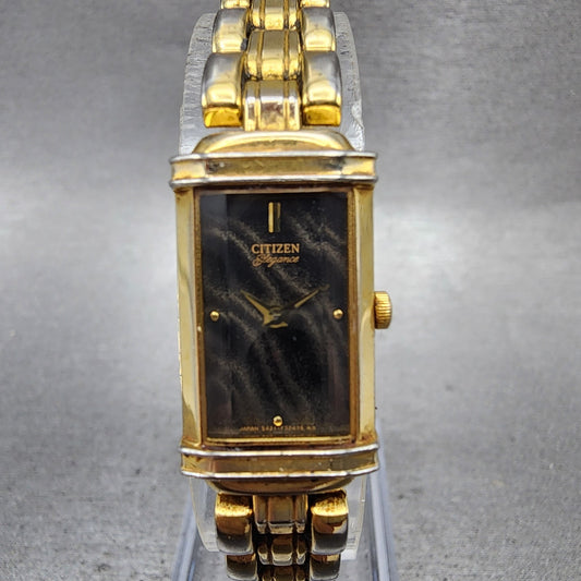 Citizen Elegance Tank Watch Women 14mm Black Dial Gold Tone 5421F47629 New Batt0