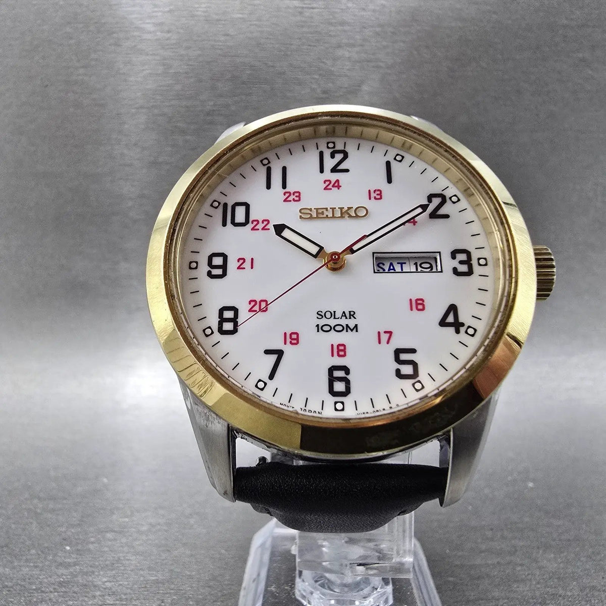 Seiko Solar Watch Men 43mm White Dial Two Tone Daydate Round V158-0AS0 Runs JP5