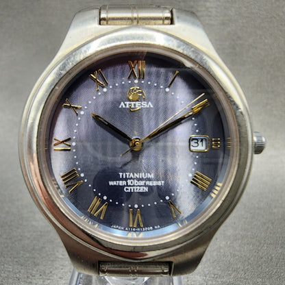 Citizen Attesa EcoDrive Watch Men 36mm Blue Dial Titanium A114H08282 Date Runs1
