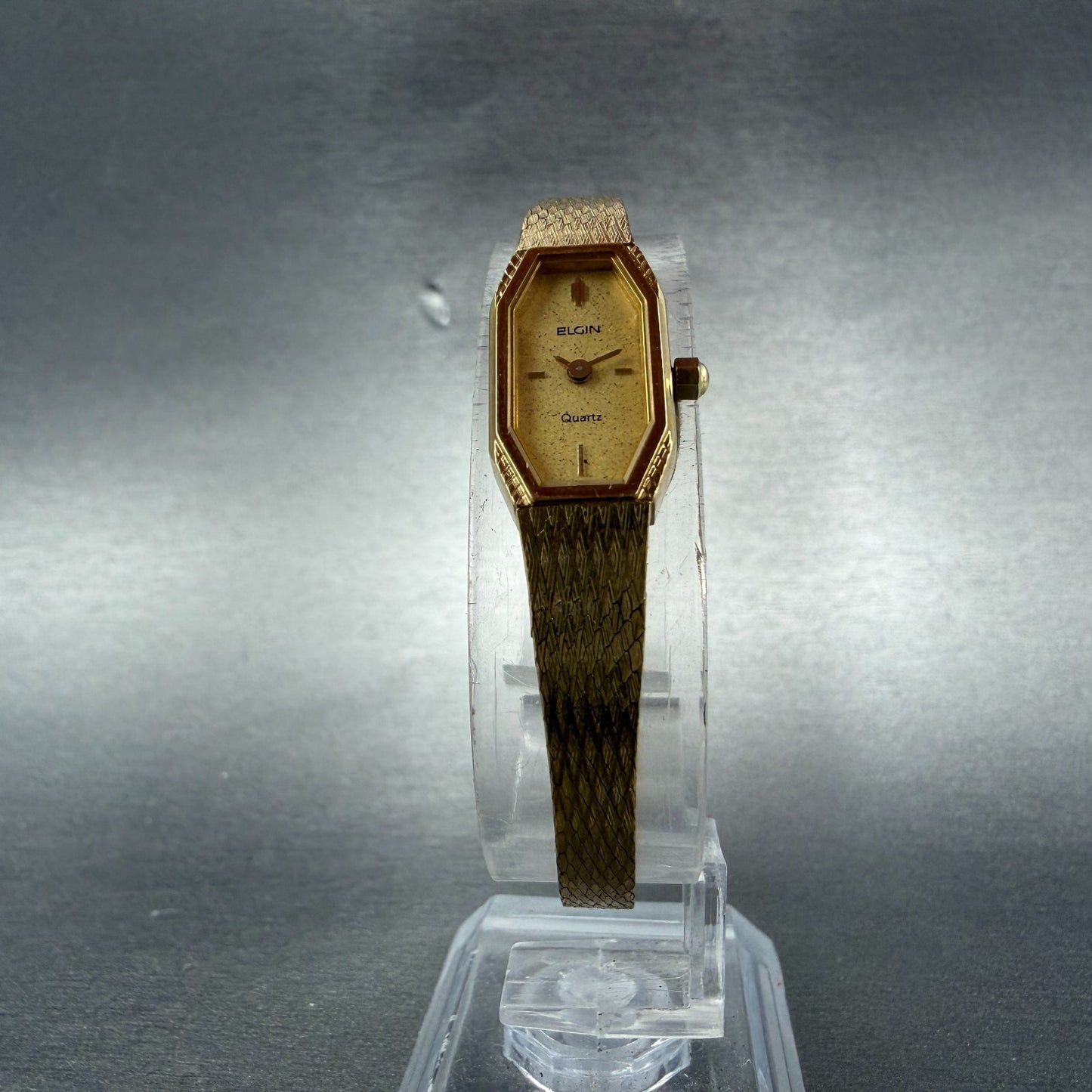 Elgin Watch Women 11mm Gold Dial Gold Tone Octagon New Battery Mesh band NOS5