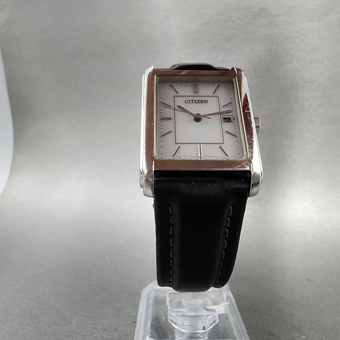 Citizen EcoDrive Tank Watch Men 26mm White Dial Silver Tone Date Rectangle Runs5