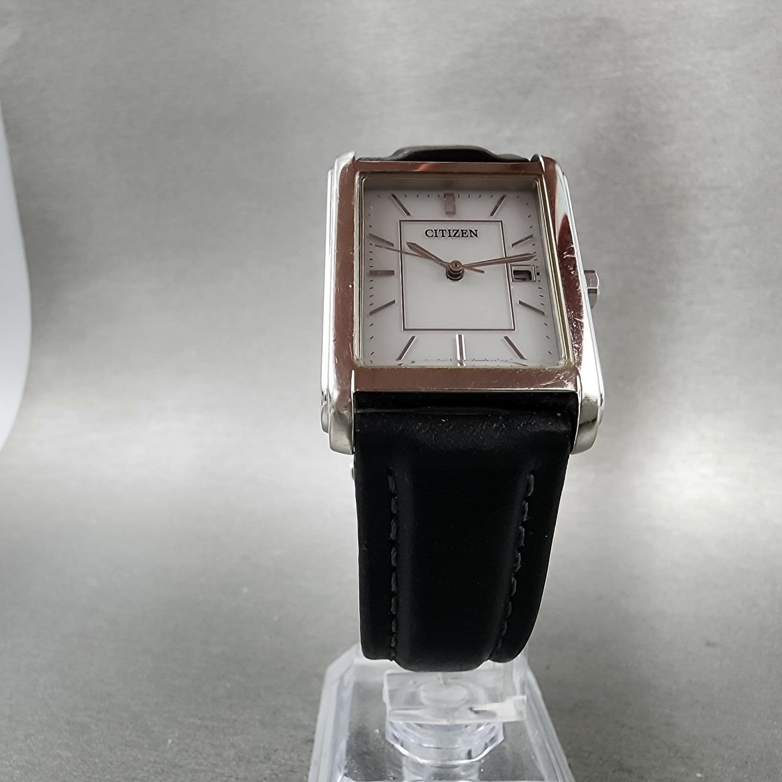 Citizen EcoDrive Tank Watch Men 26mm White Dial Silver Tone Date Rectangle Runs5