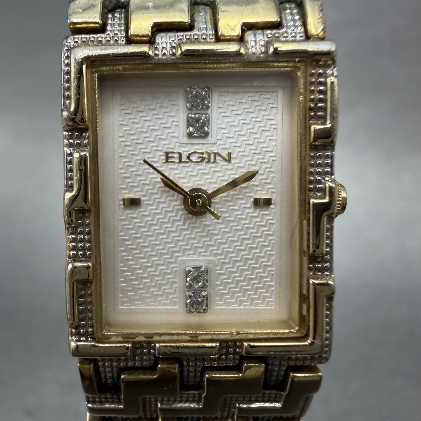 Elgin Tank Watch Women 17mm White Dial Gold Tone Rectangle New Battery1
