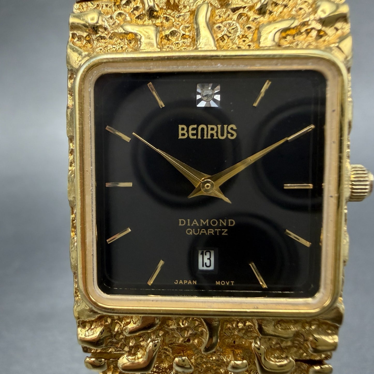 Benrus Gold Nugget Watch Unisex 28mm Black Dial Gold Tone Date Rectangle New bat1