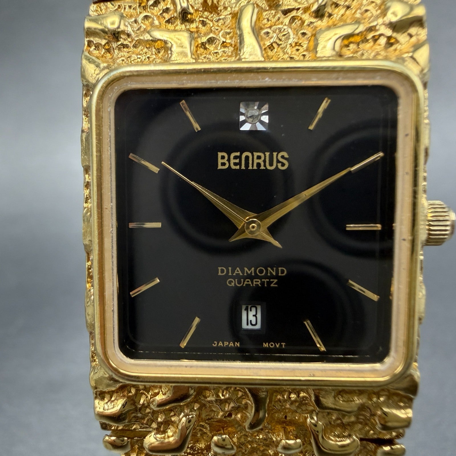 Benrus Gold Nugget Watch Unisex 28mm Black Dial Gold Tone Date Rectangle New bat1