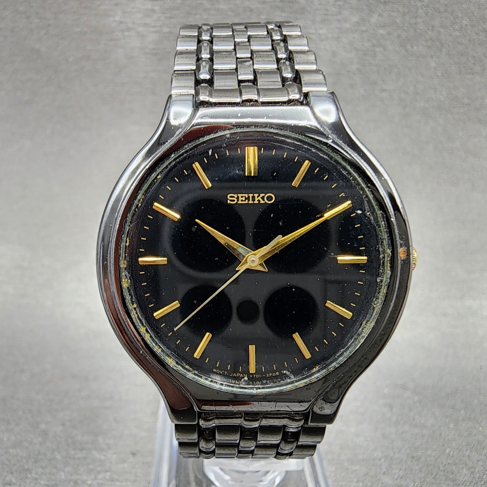 Seiko Watch Men 34mm Black Dial Black Tone Round v7011k20 New Battery0