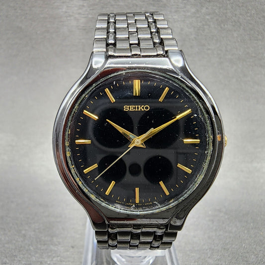 Seiko Watch Men 34mm Black Dial Black Tone Round v7011k20 New Battery0