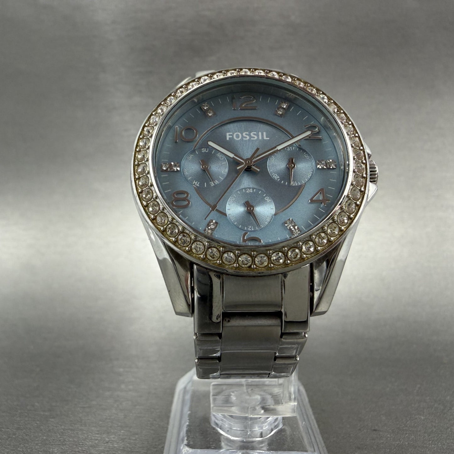Fossil Riley Watch Women 39mm Blue Dial Silver Tone Daydate Round ES3529 New Bat5
