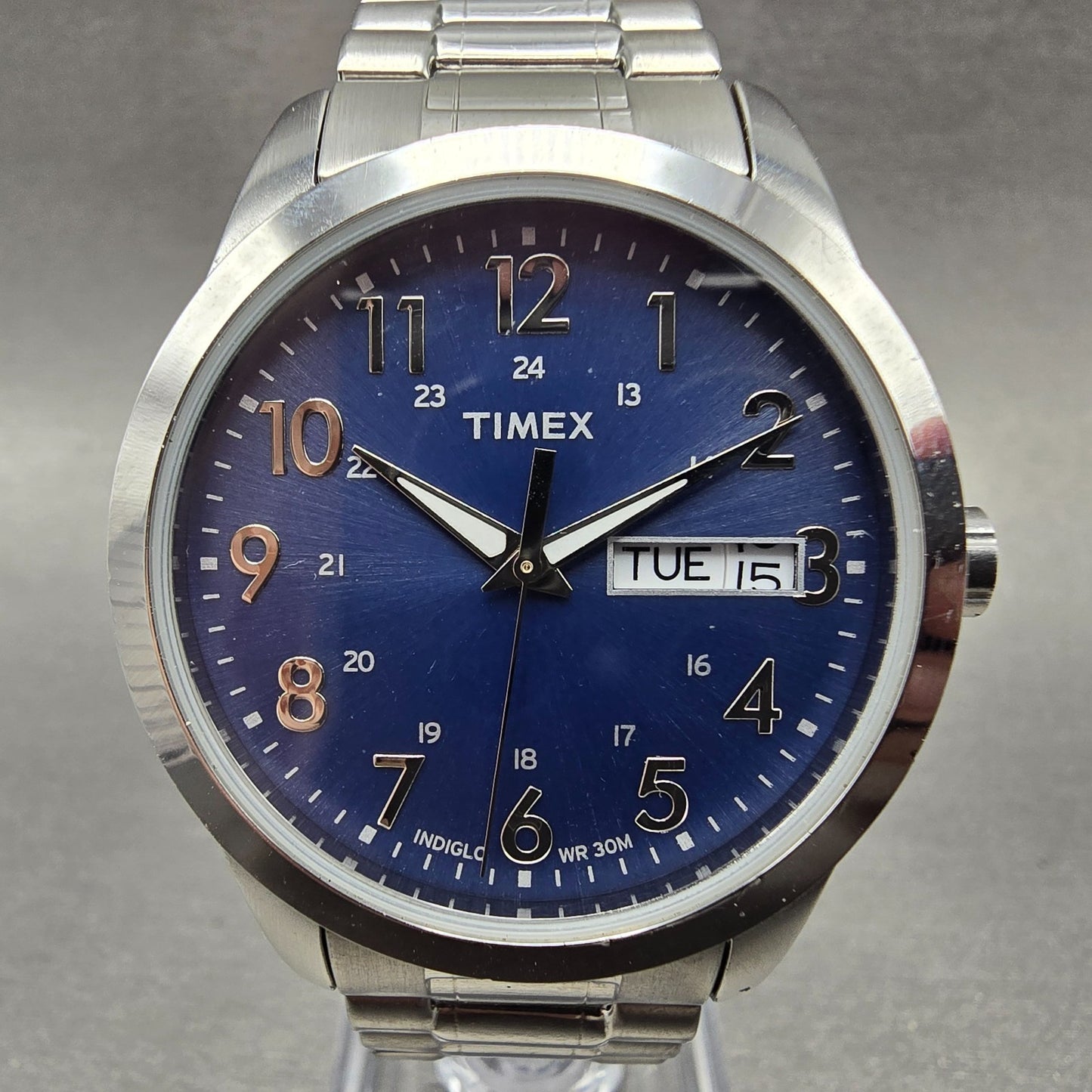 Timex South Street Watch Men 36mm Blue Dial Silver Tone Daydate T2M933 New Batt0