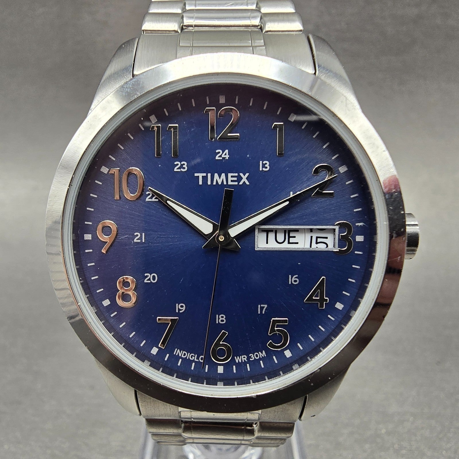 Timex South Street Watch Men 36mm Blue Dial Silver Tone Daydate T2M933 New Batt0