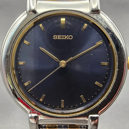 Seiko Watch Men 34mm Blue Dial Two Tone Round V701-1771 New Battery Vintage1