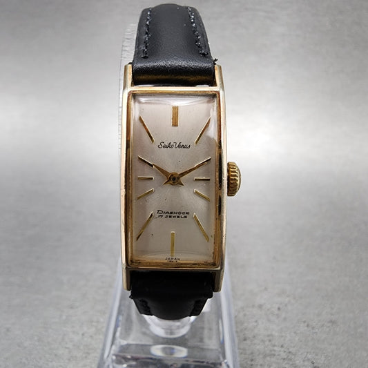 Seiko Venus Tank Watch Women 15mm Silver Dial Gold Tone Manual 5506 Runs0