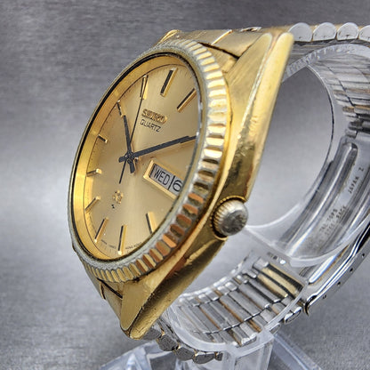 Seiko SQ President Watch Men 36mm Gold Dial Gold Plated Daydate Round NewBat C89