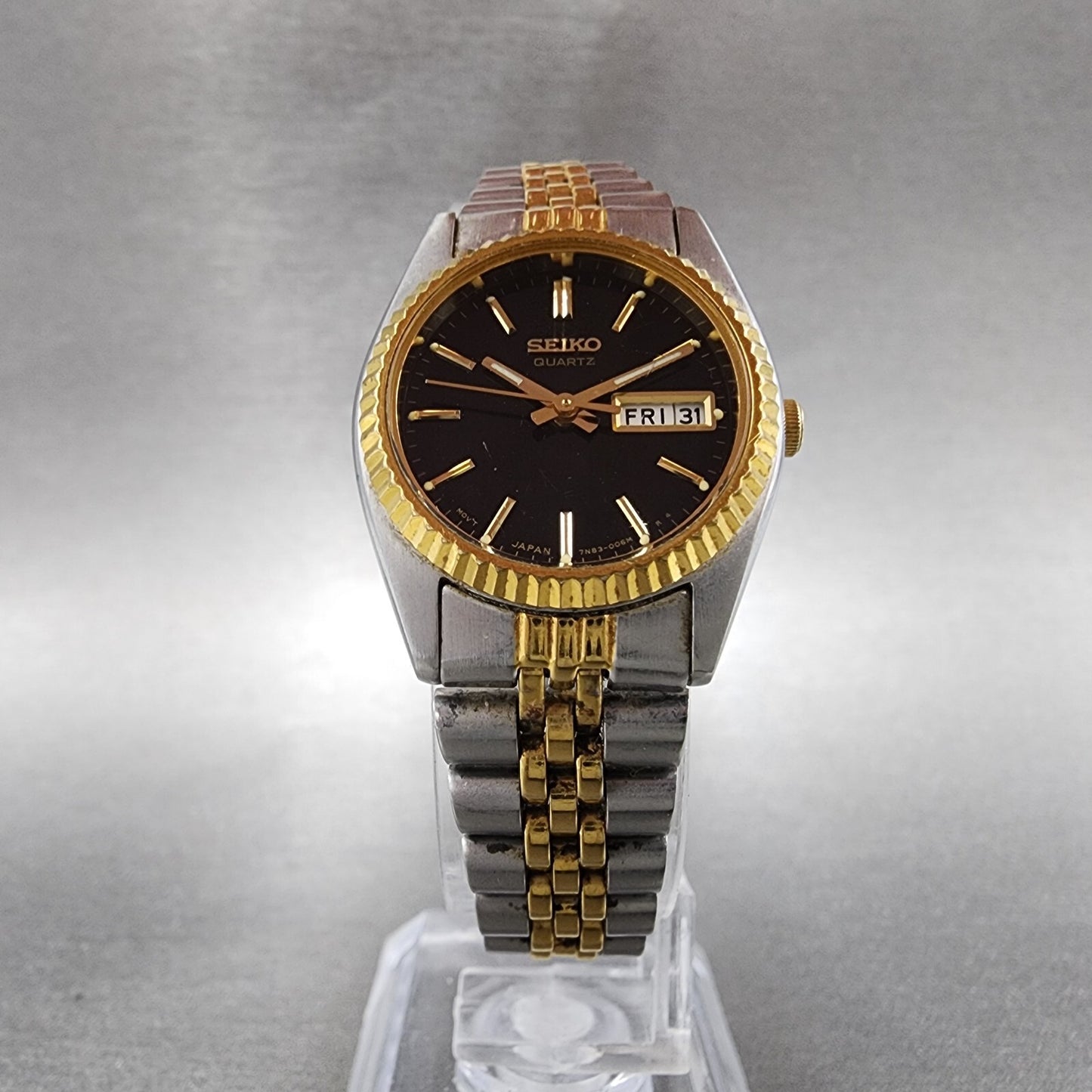 Seiko Watch Women 24mm Black Dial Two Tone Daydate Round 7N830041 New Batt5