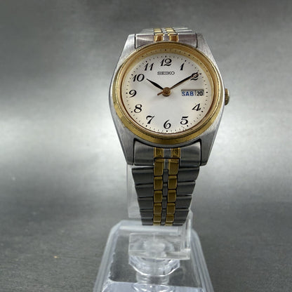 Seiko Watch Women 23mm White Dial Two Tone Daydate 7n83-0011 New Battery ABC9365