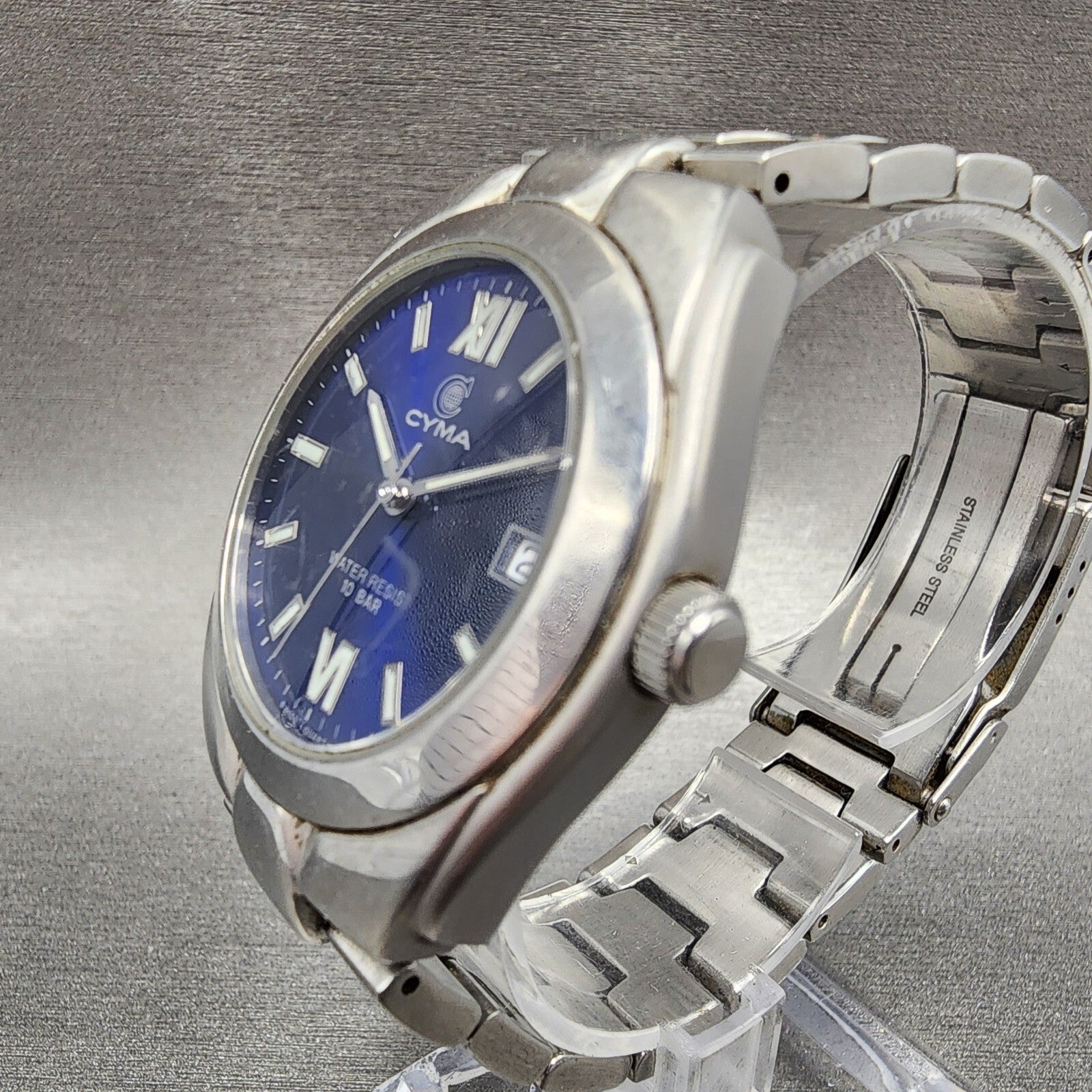 Cyma Watch Men 37mm Blue Dial Stainless Steel Date Round New Battery2
