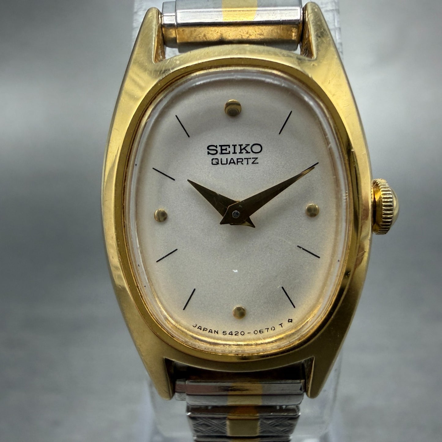 Seiko Watch Women 17mm Silver Dial Two Tone Oval 5420-5330 New Battery Vintage1