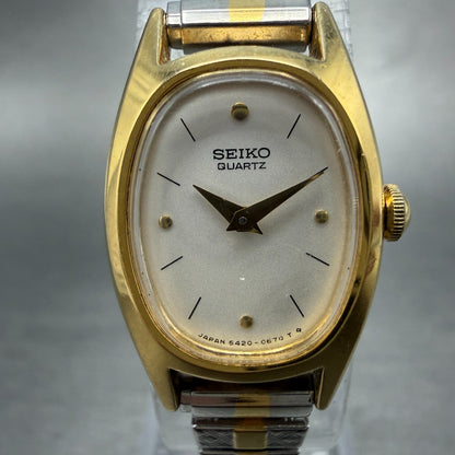 Seiko Watch Women 17mm Silver Dial Two Tone Oval 5420-5330 New Battery Vintage1