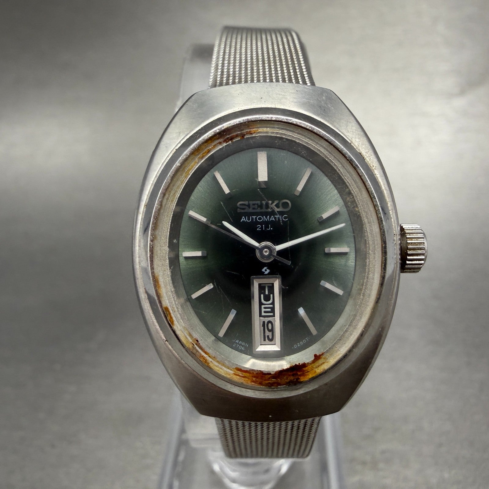 Seiko Automatic Watch Women 24mm Green Dial Silver Tone Daydate 2706-7040 Runs0