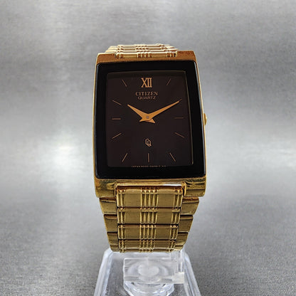 Citizen CQ Tank Watch Men 24mm Black Dial Gold Tone 1022-h14231 New Battery