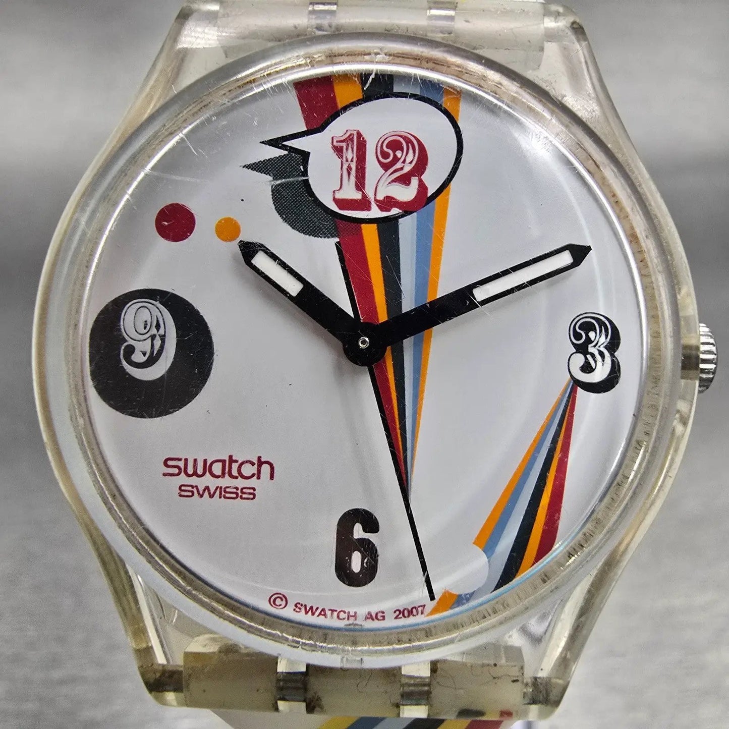 Swatch Gent Crazy Youngsters Watch Men White Dial Clear Case Round GE198 New Bat1
